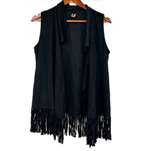 Apt 9 black open front fringe sleeveless top vest faux leather OS one size